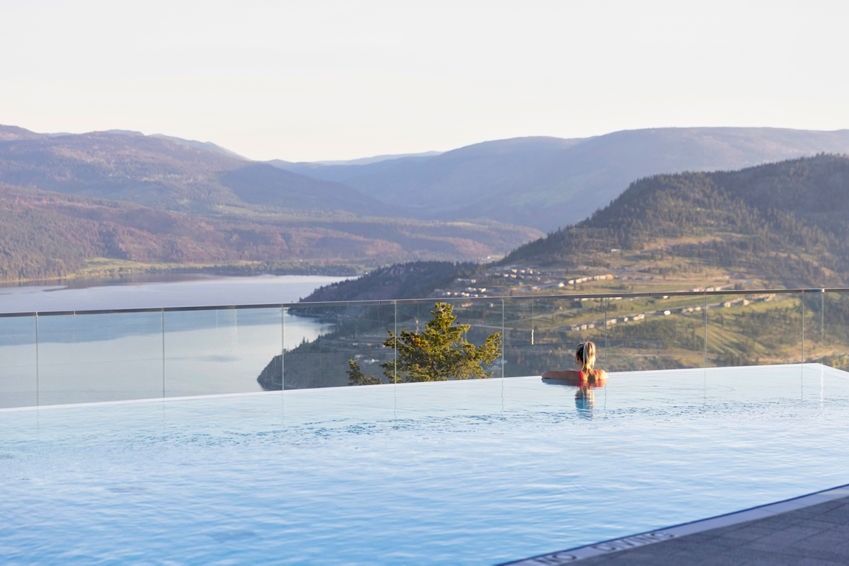Infinity pool at Sparkling Hill with Okanagan Lake view